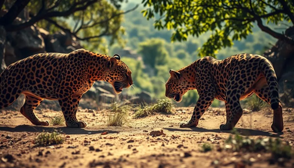 A vivid and detailed scene of a jaguar and a leopard engaging in a fierce hunting display. In the foreground, the muscular, spotted feline predators crouch low, their intense eyes locked in a fierce, predatory gaze. Powerful hindquarters coiled, their tails lash the dry, dusty ground in anticipation. In the middle ground, the rugged, sun-dappled terrain of their natural habitat is visible, with tall grass, rocky outcroppings, and scattered shrubs. The background is a sweeping vista of a lush, verdant jungle canopy, casting dappled light onto the scene. Dramatic, moody lighting creates deep shadows and highlights the animals' taut, rippling muscles. Captured with a Sony A7R IV, this hyperrealistic image conveys the raw power and instinctual hunting behavior of these two apex predators.