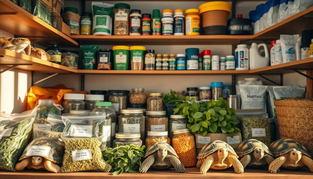 A well-organized storage area with shelves displaying various packages and containers of tortoise food. The lighting is warm and natural, creating a cozy, inviting atmosphere. In the foreground, a selection of high-quality, nutritious tortoise treats is neatly arranged, including fresh greens, vegetables, and specialized pellets. The middle ground showcases jars and bags labeled with the contents, ensuring efficient organization and accessibility. In the background, additional shelves hold a variety of supplements and accessories, creating a comprehensive tortoise food and care setup. The overall scene conveys a sense of order, attention to detail, and a dedication to providing the best possible nutrition for the captive reptiles.