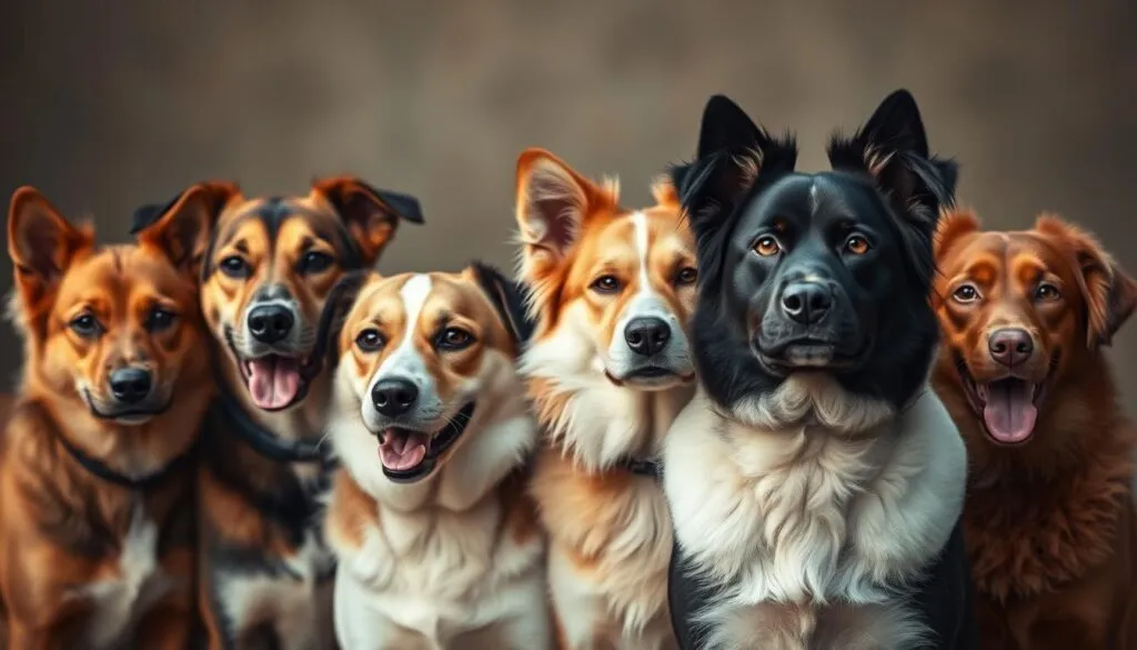 An intriguing pack of purebred canines, each with a captivating moniker, stand proudly against a softly blurred backdrop. Meticulously crafted with a Sony A7R IV, the image is sharply defined and brimming with vivid details, thanks to the use of a polarizer filter. Soft, natural lighting bathes the scene, lending an air of sophistication and elegance. The dogs' expressions convey a sense of intelligence and playfulness, inviting the viewer to imagine the rich stories behind their extraordinary names. This hyperrealistic image embodies the essence of 