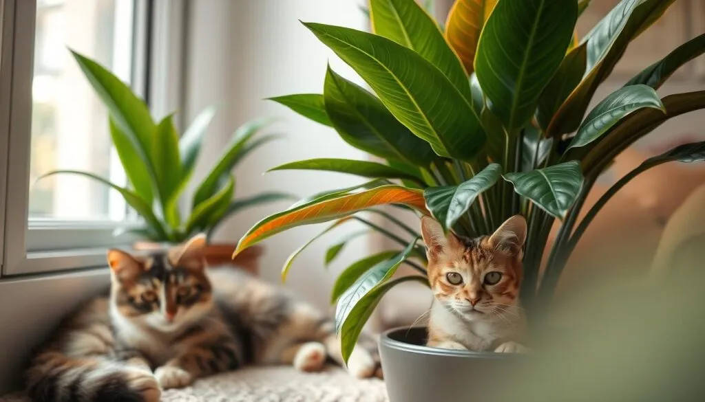 Calathea plant with its distinctive foliage and vibrant colors, framed by a cozy domestic scene with two playful cats lounging nearby. Soft natural light filters through the window, casting a warm glow on the lush greenery and feline companions. The image conveys a sense of tranquility and harmony, highlighting the aesthetic appeal of the Calathea plant and addressing concerns about its safety for cat owners. Composition emphasizes the balanced interplay between the plant and the cats, showcasing their peaceful coexistence.
