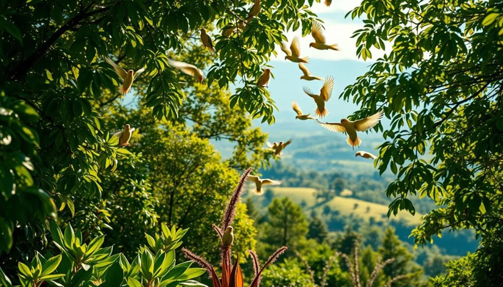 Wellensittiche im Ökosystem: A flock of vibrant, energetic budgies soaring amidst a lush, verdant forest canopy. Sunlight filters through the leaves, casting a warm, dappled glow on the birds as they dart and flutter, their iridescent plumage shimmering. In the middle ground, a diverse array of native flora thrives, intertwined with the budgies' habitat. The background reveals a serene, tranquil landscape, where rolling hills and distant mountains create a sense of depth and balance. Captured with a Sony A7R IV, this hyperrealistic image conveys the harmonious coexistence of the budgies and their natural environment, highlighting their integral role within the ecosystem.