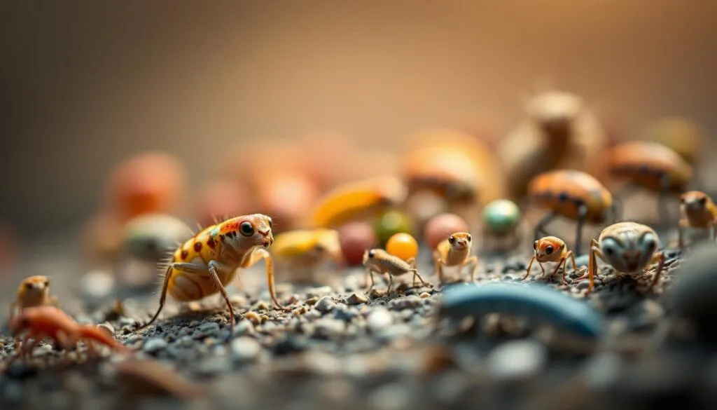 A captivating macro photograph of the smallest animals in the world, their intricate details and vibrant colors on full display. In the foreground, a meticulously focused and sharply defined miniature creature, its delicate features accentuated by the use of a polarizer filter. The middle ground reveals a diverse array of these diminutive marvels, captured with a Sony A7R IV in a hyperrealistic style that showcases their remarkable proportions and natural habitats. The background gently fades into a soft, atmospheric setting, evoking a sense of wonder and the cultural and scientific significance of these remarkable record-holders.