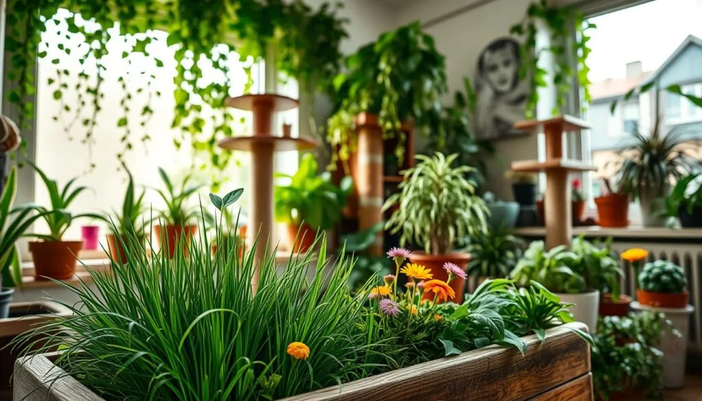 A cozy DIY cat paradise featuring an assortment of feline-friendly plants and structures. In the foreground, a planter box overflows with lush greenery, including catnip, cat grass, and bright flowers. In the middle ground, a scratching post and cat tower with perches invite playful exploration. The background showcases a large window, allowing natural light to stream in and highlighting an array of potted plants, including trailing vines and bushy herbs. The scene is captured with a Sony A7R IV camera, using a polarizer filter for enhanced depth and clarity. The overall atmosphere is warm, inviting, and tailored to the needs of curious cats.