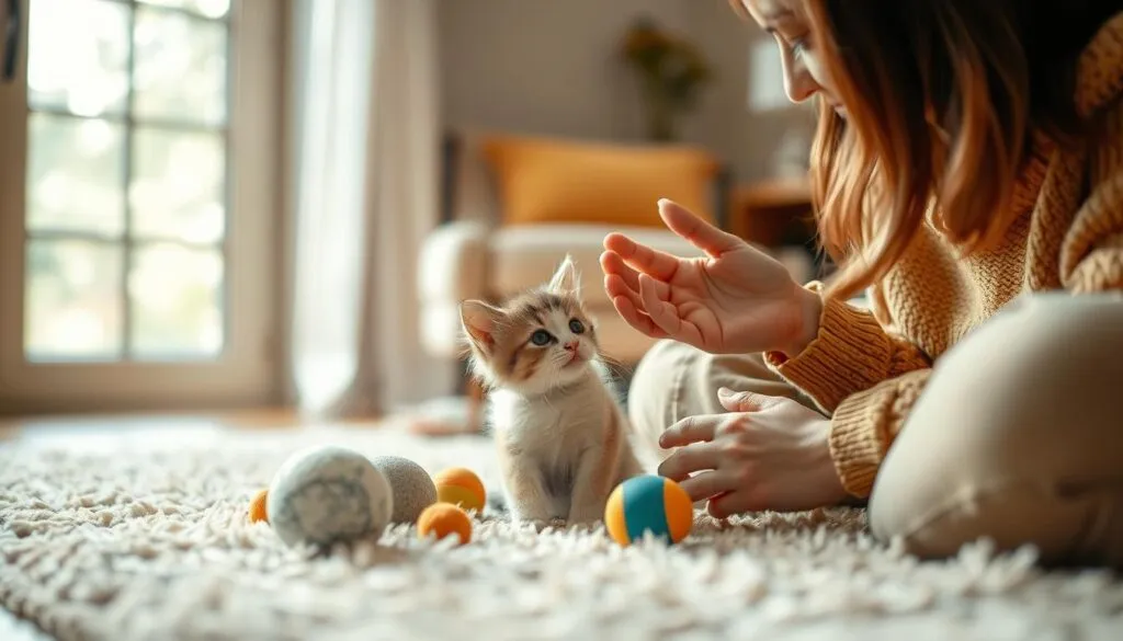 A cozy indoor scene depicting a kitten being gently socialized by a loving owner. The kitten sits on a plush rug, surrounded by toys and soft furnishings, as the owner's hands tenderly interact with the kitten, encouraging curiosity and play. Warm, natural lighting from a nearby window casts a gentle glow, highlighting the kitten's fluffy fur and the owner's soothing expression. The background is uncluttered, allowing the viewer to focus on the intimate bond between human and feline. The image conveys the importance of early socialization in shaping a well-adjusted, confident cat.