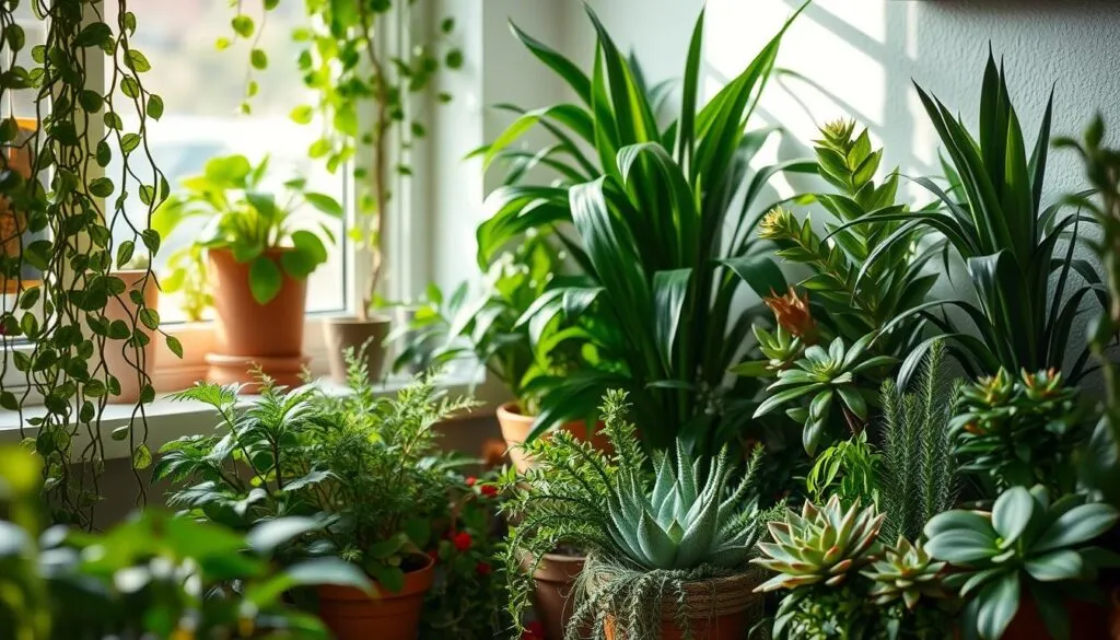A cozy indoor scene showcasing lush, verdant houseplants carefully arranged in a well-lit, cat-friendly environment. The plants, including trailing vines, vibrant foliage, and architectural succulents, are meticulously groomed and positioned to create a harmonious, visually appealing display. Soft, natural lighting filters through a nearby window, casting gentle shadows and highlights that accentuate the plants' intricate textures and vibrant colors. The overall atmosphere is one of tranquility and balance, inviting the viewer to imagine a serene, feline-safe space for indoor gardening.