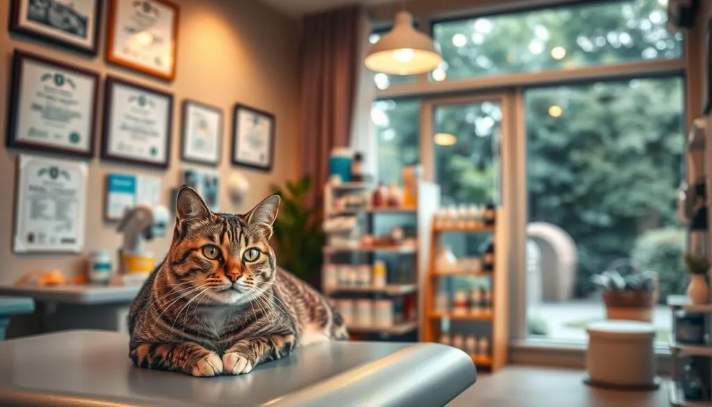 A cozy veterinary clinic interior, with warm lighting and an inviting atmosphere. In the foreground, a tabby cat rests on an exam table, its eyes alert and curious. On the walls, diplomas and certifications showcasing the clinic's expertise in feline healthcare. The middle ground features a display of pet supplies and medications, neatly organized. In the background, a large window offers a glimpse of a tranquil garden, creating a calming, natural ambiance. The scene exudes a sense of professionalism and care, perfectly capturing the essence of 