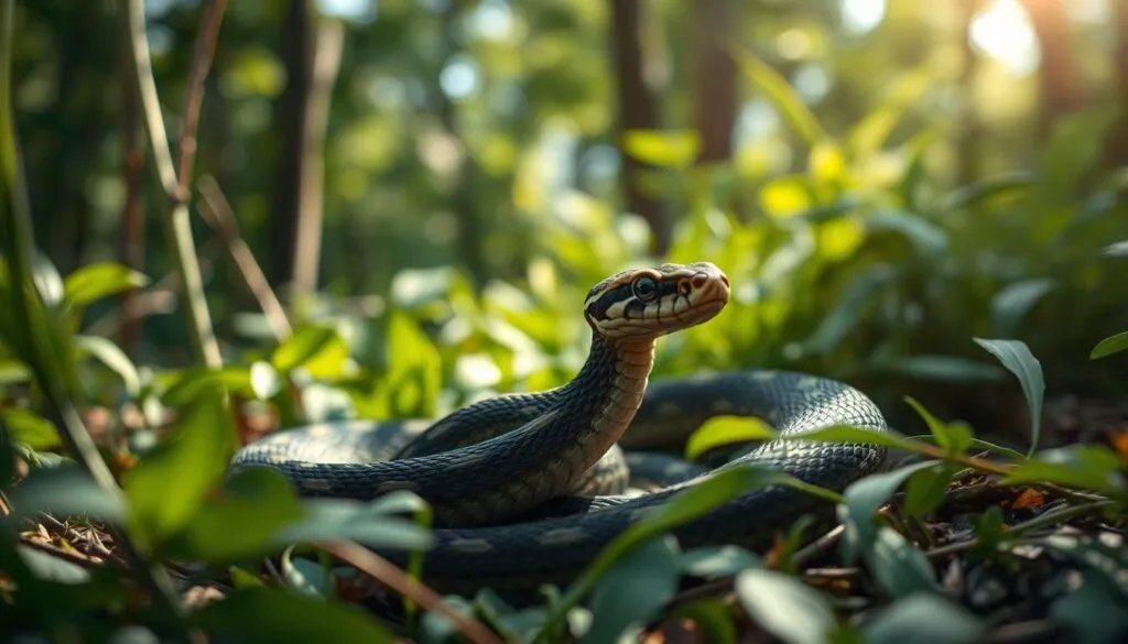 A detailed and realistic photograph of a Ringelnatter (also known as the grass snake) in a natural forest setting, showcasing its distinctive features and behavior in the year 2025. The snake is coiled among lush vegetation, its patterns and colors blending seamlessly with the surroundings. Dappled sunlight filters through the canopy, creating dynamic lighting that accentuates the snake's grace and fluidity. The image is shot with a Sony A7R IV camera, using a polarizer filter to enhance the clarity and definition of the scene. The overall mood is one of scientific fascination and reverence for this native species, inviting the viewer to appreciate the Ringelnatter's role in the local ecosystem.
