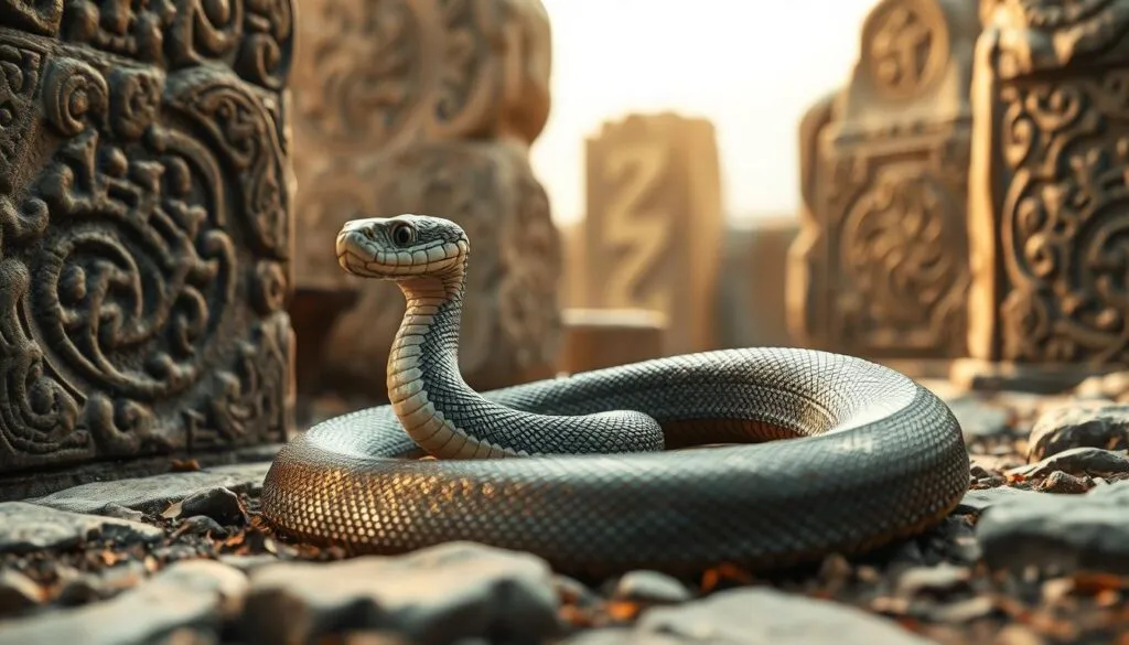 A detailed, culturally symbolic depiction of a Ringelnatter snake in its natural habitat. The snake is coiled gracefully, its scales glistening in the soft, warm light. The background features ancient, weathered stone structures, suggesting a connection to historical or mythological traditions. Intricate, ornate patterns and symbols are etched into the stone, creating a sense of cultural significance. The composition is balanced and centered, with the snake as the focal point. The overall mood is one of reverence and respect for the Ringelnatter's role in the cultural heritage of the region.