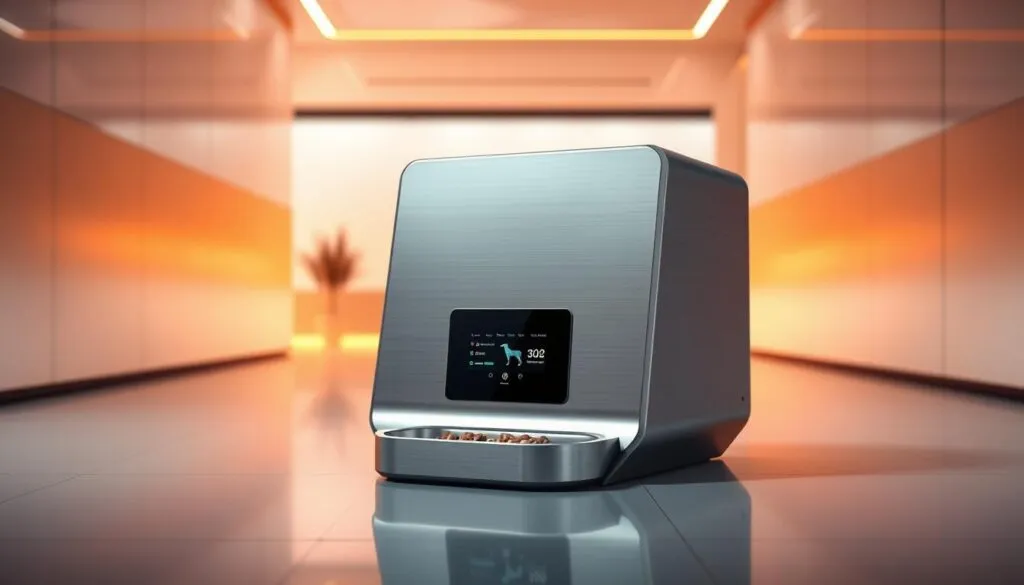 A futuristic automated pet feeder stands prominently in the center of the frame, its sleek and angular design evocative of cutting-edge technology. Smooth, brushed metal surfaces gleam under the warm, directional lighting, casting subtle shadows that accentuate the device's clean lines. The feeder's front panel displays a crisp, digital interface, hinting at advanced programming and customization options. In the background, a minimalist, high-tech environment unfolds, with smooth, reflective surfaces and subtle ambient lighting, creating a sense of sophisticated, forward-thinking design. The overall atmosphere conveys a vision of the future of pet care, where intelligent, seamlessly integrated technology enhances the lives of both owners and their furry companions.