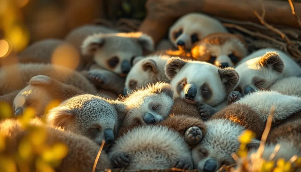 A herd of adorable animals, such as koalas, sloths, and pandas, nestled together in a cozy, natural environment. The scene is bathed in warm, golden light, creating a peaceful and serene atmosphere. The animals appear to be in deep, contented slumber, their fur softly illuminated. The composition is carefully balanced, with the sleeping creatures forming a harmonious, organic pattern. Shot on a Sony A7R IV with a polarizer filter, the image is hyper-realistic, sharply defined, and clearly focused, capturing the intimate social dynamics of these remarkable sleep masters.