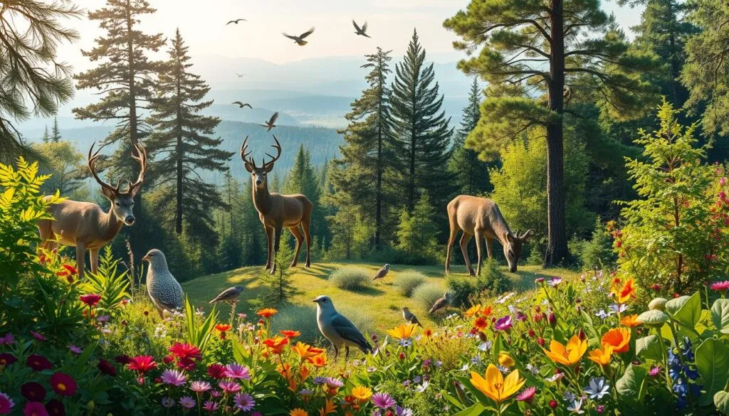 A lush, biodiverse forest ecosystem teeming with life, captured in stunning detail. In the foreground, a kaleidoscope of vibrant flora - towering trees, verdant undergrowth, and a riot of colorful flowers. In the middle ground, a diverse array of animal species co-existing harmoniously - deer grazing, birds soaring, insects buzzing. The background reveals a vast, pristine landscape, hazy mountains rising in the distance. Dappled sunlight filters through the canopy, casting a warm, natural glow over the scene. Crisp, sharp focus, with a polarizer filter enhancing the depth and clarity. A true celebration of the incredible diversity and interconnectedness of life on our planet.