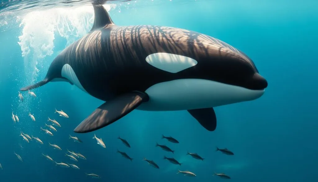 A majestic orca, its sleek black-and-white body gliding effortlessly through the azure waters. Intelligent eyes gleam with curiosity, reflecting a complex social hierarchy and advanced communication skills. Schools of smaller fish scatter in its wake, awed by the apex predator's grace and power. Sunlight filters through the waves, casting a warm glow on the intelligent giant as it navigates its aquatic domain with unparalleled finesse. Shot on Sony A7R IV, clearly focused, sharply defined, polarizer filter, Hyperrealistic image. A majestic orca, its sleek black-and-white body gliding effortlessly through the azure waters. Intelligent eyes gleam with curiosity, reflecting a complex social hierarchy and advanced communication skills. Schools of smaller fish scatter in its wake, awed by the apex predator's grace and power. Sunlight filters through the waves, casting a warm glow on the intelligent giant as it navigates its aquatic domain with unparalleled finesse. Shot on Sony A7R IV, clearly focused, sharply defined, polarizer filter, Hyperrealistic image.