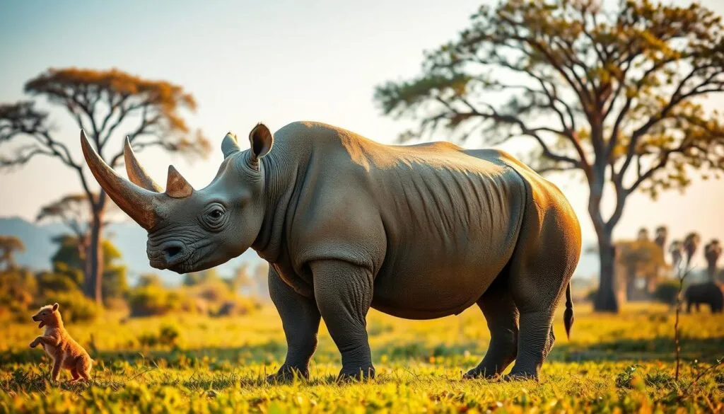 A massive, muscular rhinoceros stands tall in its natural habitat, its horn gleaming in the warm, golden sunlight. The powerful beast is captured in a dynamic pose, its thick legs firmly planted on the lush, verdant ground. The background features a serene, African savanna landscape, complete with towering trees and a clear, blue sky. The level of detail is exceptional, with every hair and wrinkle on the rhinoceros' skin meticulously rendered. The overall scene conveys a sense of raw, primal strength and the untamed essence of the natural world.