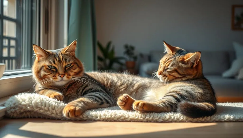 A peaceful domestic scene showcasing the daily routines and stress management techniques of a graceful and contented feline. In the foreground, a tabby cat lounging on a plush, sun-drenched window sill, its eyes half-closed in a serene trance. The middle ground reveals the cat methodically grooming itself, its delicate paws smoothing its lustrous coat. In the background, a tranquil living space with soft, muted tones and subtle plant life, creating a calming ambiance. The image is captured with a Sony A7R IV, the polarizer filter enhancing the natural lighting and sharpness of the details. An overall sense of harmony and mindfulness permeates the scene, reflecting the vital role of routine in a cat's stress management.