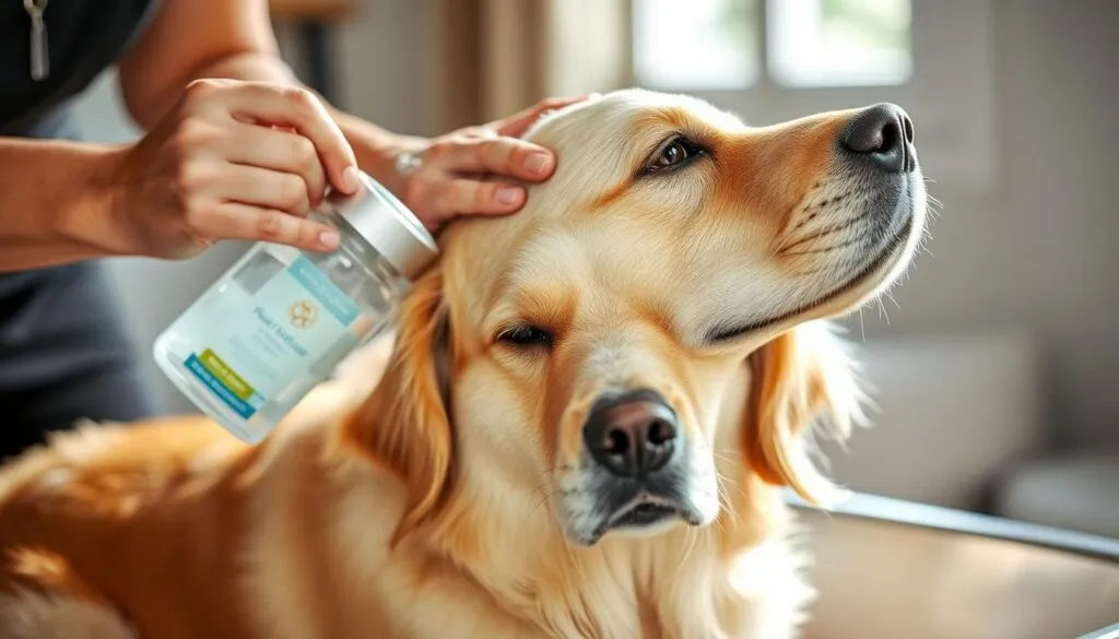 A person thoroughly massaging fragrant dog shampoo into the clean, healthy coat of a well-groomed golden retriever. The dog sits patiently, enjoying the attentive care. Bright natural light filters through a window, illuminating the scene with a warm, soft glow. The expression on the dog's face is one of contentment. The background is slightly blurred, emphasizing the focal point of the grooming process. The image conveys a sense of tranquility and the importance of proper pet hygiene.