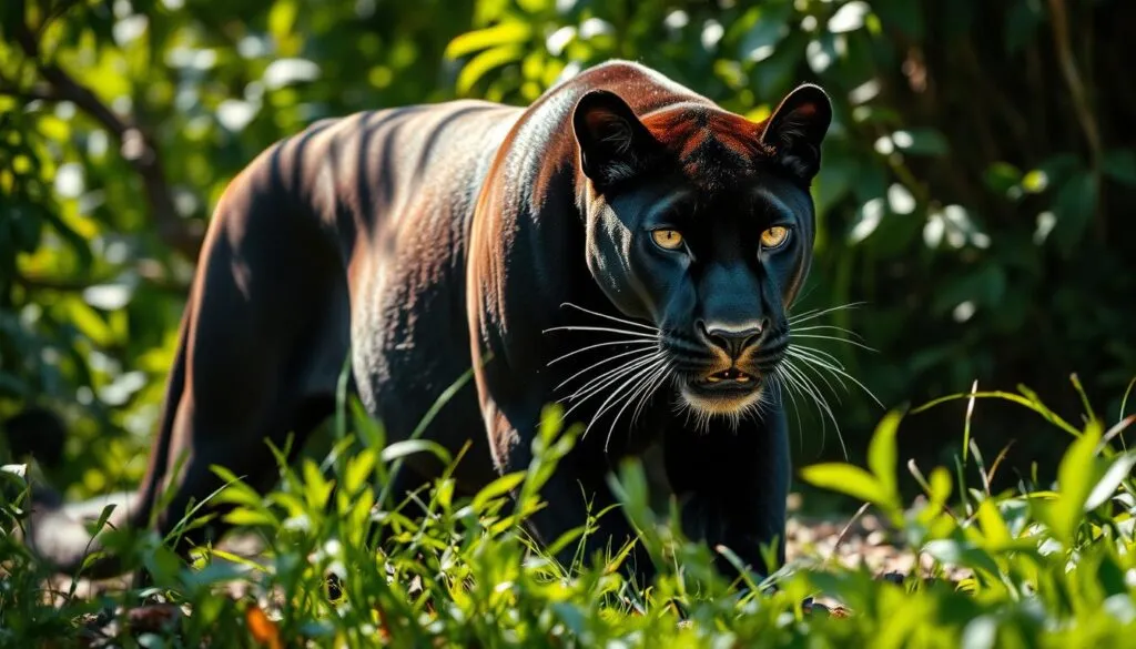 A powerful Panther stalking its natural habitat, muscles rippling beneath its sleek, ebony coat. Sunlight filters through the lush, verdant foliage, casting dramatic shadows across the feline's alert expression. The creature's penetrating gaze surveys the surroundings, every sense attuned to the rhythms of the wild. Captured in stunning detail, this Sony A7R IV photograph immerses the viewer in the Panther's domain, a testament to the raw power and grace of this apex predator. Polarizer filter enhances the depth and vibrancy, while sharp focus and hyperrealistic rendering bring the scene to life with breathtaking clarity.