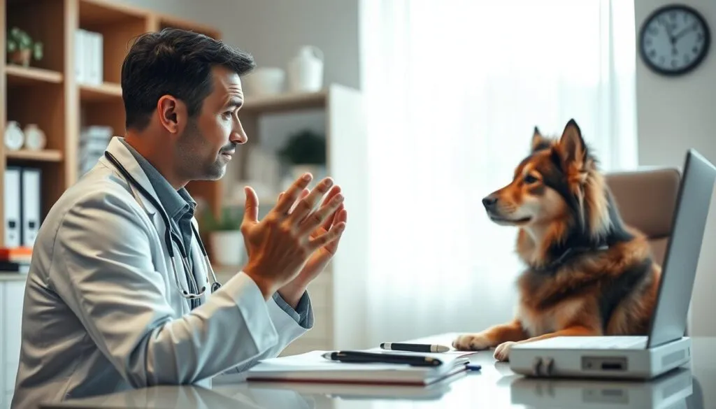 A professional veterinarian deeply focused, sitting at a neatly organized desk in a well-lit, modern office, their expression calm and reassuring as they consult with a concerned dog owner about the 