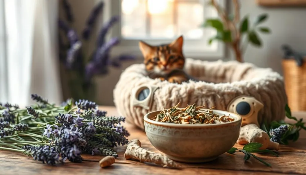 A serene and calming scene of natural remedies for cats, showcasing an array of soothing herbs and botanicals. In the foreground, a soft, plush cat bed sits atop a wooden surface, surrounded by sprigs of lavender, chamomile, and valerian root. The middle ground features a ceramic bowl filled with dried catnip, its fragrant aroma wafting through the air. In the background, a window allows natural light to filter in, casting a warm, golden glow over the scene. The overall mood is one of tranquility and comfort, inviting the viewer to imagine the restorative effects of these natural remedies on a stressed feline.