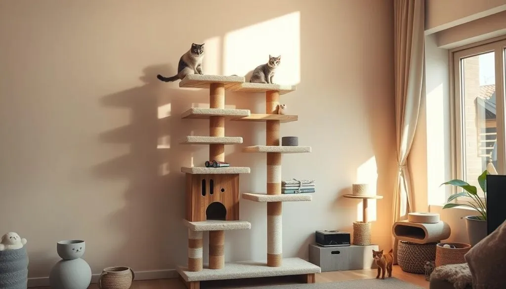A sturdy, freestanding cat climbing wall stands in a cozy home interior. The wall is constructed with thick, durable wood panels, offering multiple platforms and perches for cats to ascend. Carpeted surfaces provide excellent grip and traction. Warm, natural lighting from a nearby window illuminates the scene, casting soft shadows that accentuate the textural details. The wall is positioned against a plain, neutral-toned wall, allowing the cat furniture to be the focal point. An array of cat toys and accessories are neatly arranged nearby, creating an inviting, cat-friendly environment. The overall composition conveys a sense of safety, comfort, and practicality for indoor-dwelling felines. A sturdy, freestanding cat climbing wall stands in a cozy home interior. The wall is constructed with thick, durable wood panels, offering multiple platforms and perches for cats to ascend. Carpeted surfaces provide excellent grip and traction. Warm, natural lighting from a nearby window illuminates the scene, casting soft shadows that accentuate the textural details. The wall is positioned against a plain, neutral-toned wall, allowing the cat furniture to be the focal point. An array of cat toys and accessories are neatly arranged nearby, creating an inviting, cat-friendly environment. The overall composition conveys a sense of safety, comfort, and practicality for indoor-dwelling felines.