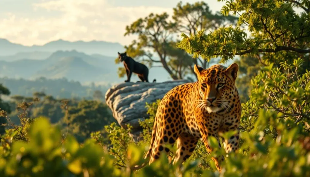 A vast wildlife preserve, lush with verdant foliage and towering trees, comes into focus. In the foreground, a majestic jaguar, its tawny coat shimmering in the golden light, stalks gracefully through the underbrush. In the middle ground, a sleek black panther, its piercing eyes alert and watchful, surveys the scene from a rocky outcrop. Distant mountains rise in the background, their peaks shrouded in wispy clouds. The image conveys a sense of harmony and balance, a testament to the ongoing efforts to protect these magnificent big cats and their natural habitats. Carefully composed, the photograph captures the essence of the 2025 conservation landscape with striking clarity and realism.