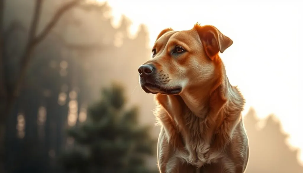 A vigilant dog stands alert, its piercing gaze scanning the horizon for any sign of the dreaded Werwolf Syndrome. Bathed in the warm glow of a setting sun, its tawny fur gleams with a healthy sheen. Muscular haunches coiled, ready to spring into action at the first hint of danger. The dog's expression is a blend of caution and determination, its senses attuned to the slightest disturbance. In the middle ground, a lush forest backdrop provides a sense of depth and foreboding, hinting at the unseen threats that lurk within. Captured with a polarizer filter, the image exudes a dreamlike quality, elevating the dog's heroic pose and underscoring the importance of preventative measures against the Werwolf Syndrome.