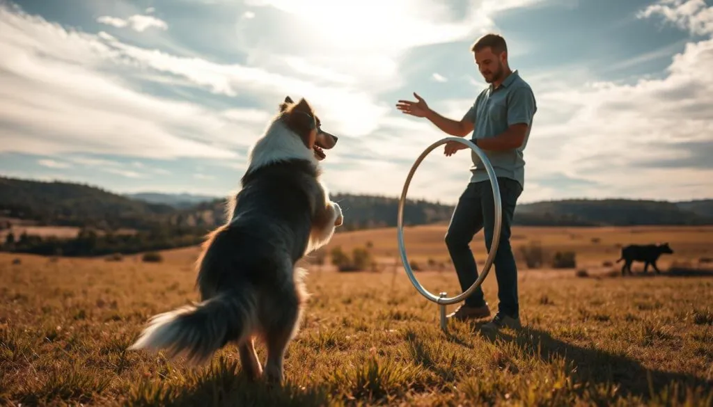 A vivid scene of an Australian Shepherd undergoing rigorous training on a sprawling meadow, the sun's golden rays filtering through wispy clouds. In the foreground, the handler commands the attentive dog with hand signals, their bond palpable. The middle ground showcases the Shepherd's agility as it leaps through a hoop, its powerful muscles rippling. In the distance, rolling hills and lush vegetation create a picturesque backdrop, evoking the rugged Australian outback. Captured with a Sony A7R IV, the image is sharply defined, the polarizer filter accentuating the vibrant colors. This hyperrealistic scene embodies the dedication and discipline essential for shaping the Australian Shepherd into a skilled, obedient companion.
