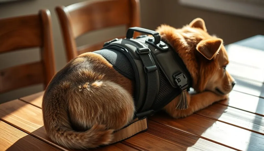 A well-designed dog backpack resting on a wooden table, with a focused view showcasing the safety features. Sturdy construction, adjustable straps, and breathable mesh panels are clearly visible. The backpack is lit by natural light, casting soft shadows that accentuate the textures and materials. The overall image conveys a sense of reliability and attention to the dog's comfort and security when using this specialized piece of equipment.