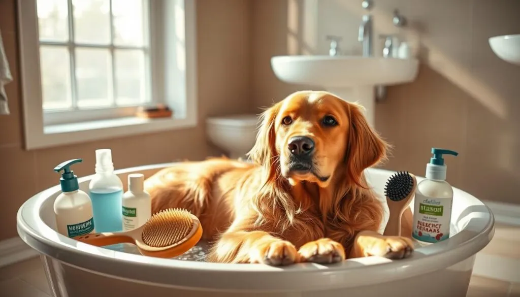 A well-groomed golden retriever relaxing in a shallow tub, surrounded by an array of dog shampoos and brushes. Sunlight streams in through a large window, creating warm, even lighting that highlights the dog's rich coat. The bathroom's tile floor and sleek, modern fixtures provide a clean, spa-like ambiance. The dog's expression is calm and content, conveying the ease and comfort of a regular bathing routine. The overall scene exudes a sense of pampering and attentive care, suitable for a section on common questions about dog shampoos.