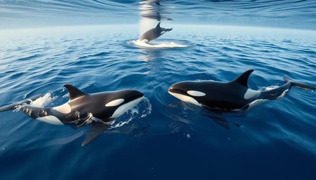 A wide-angle shot of a pod of orcas gracefully swimming in the deep blue waters of the Pacific Ocean. The sunlight filters through the waves, casting a warm glow on the sleek, black-and-white bodies of the intelligent marine predators. In the foreground, a pair of orcas engage in a synchronized display of communication, their powerful tails propelling them through the water as they exchange high-pitched calls and whistles. In the middle ground, another orca can be seen breaching the surface, its massive form momentarily airborne before crashing back into the sea. In the distance, the misty silhouettes of additional orcas can be observed, hinting at the complex social structure and intricate means of communication within this highly intelligent species.