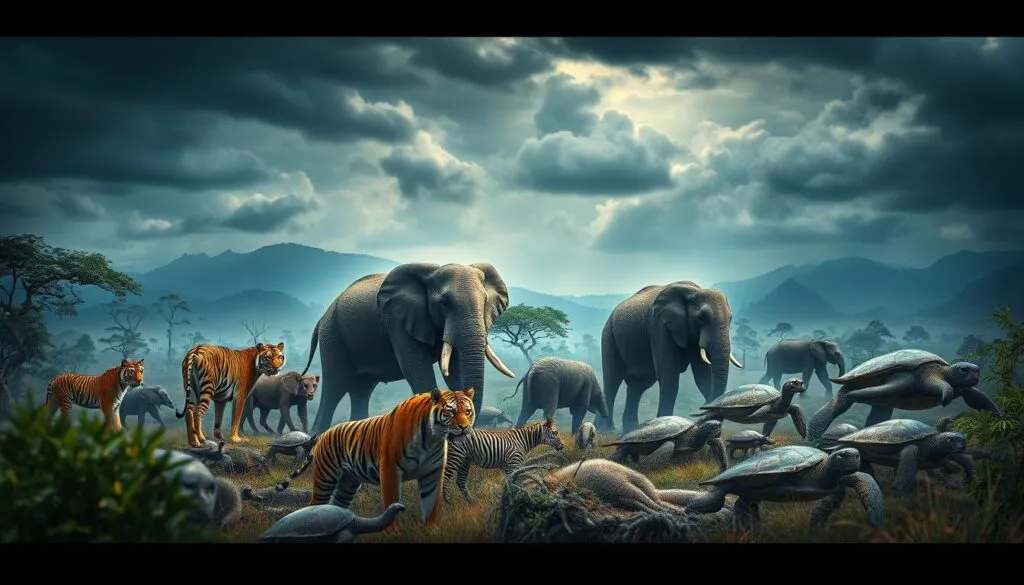 Endangered species, the causes of their decline: A dramatic landscape featuring a diverse array of threatened wildlife, including majestic tigers, stately elephants, and delicate sea turtles. The foreground depicts the direct threats they face, such as deforestation, poaching, and habitat destruction. The midground showcases the complex web of indirect factors, including climate change, pollution, and human encroachment. In the background, a looming sense of urgency and a call to action, with a somber yet determined atmosphere. Captured with a Sony A7R IV, this hyperrealistic image uses a polarizer filter to convey the gravity of the situation and the need for conservation efforts.