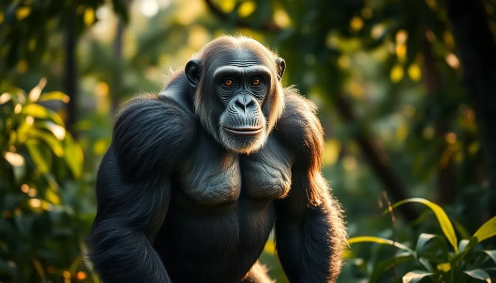 Shot on Sony A7R IV, a powerful chimpanzee stands in a lush, verdant forest, radiating strength and intelligence. Its muscular frame is accentuated by the warm, soft lighting, casting dramatic shadows that highlight the animal's impressive physique. The chimpanzee's expressive eyes convey a depth of understanding, suggesting a profound connection with its surroundings. The scene is captured with a polarizer filter, creating a sense of depth and clarity that elevates the subject's natural beauty. This hyperrealistic image showcases the remarkable blend of raw power and cognitive prowess that defines the chimpanzee, the epitome of the union between strength and intelligence. Shot on Sony A7R IV, a powerful chimpanzee stands in a lush, verdant forest, radiating strength and intelligence. Its muscular frame is accentuated by the warm, soft lighting, casting dramatic shadows that highlight the animal's impressive physique. The chimpanzee's expressive eyes convey a depth of understanding, suggesting a profound connection with its surroundings. The scene is captured with a polarizer filter, creating a sense of depth and clarity that elevates the subject's natural beauty. This hyperrealistic image showcases the remarkable blend of raw power and cognitive prowess that defines the chimpanzee, the epitome of the union between strength and intelligence.