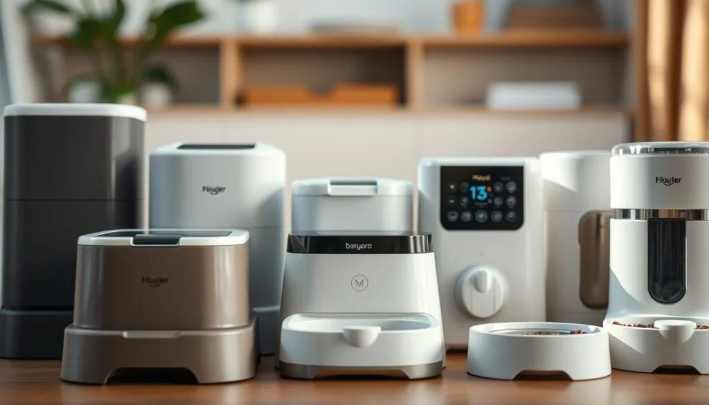 Shot on Sony A7R IV, clearly focused, sharply defined, polarizer filter, Hyperrealistic image. A high-quality close-up photograph showcasing a varied arrangement of modern automatic pet feeders. In the foreground, sleek and minimalist models in muted tones stand out, while in the middle ground, more feature-rich designs with digital displays and programmable settings are visible. The background blurs softly, allowing the viewer to concentrate on the diverse selection of quality brands and models. The lighting is natural yet directional, creating depth and highlights the materials and textures of the products. The overall atmosphere is one of sophisticated functionality, inviting the viewer to explore the best automatic pet feeder options.