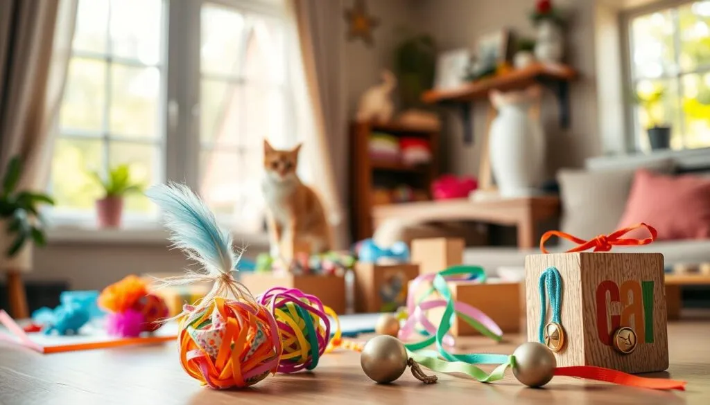 A DIY cat toy workshop, showcasing a variety of handcrafted feline playthings. In the foreground, a selection of vibrant, textured toys - a crinkly paper ball, a feather-topped wand, and a jingle bell-filled cube. The middle ground features a workspace with wooden blocks, colorful ribbons, and an array of craft supplies. In the background, a cozy, sun-dappled living room setting, with a cat perched on a windowsill, observing the creative process. Soft, diffused lighting casts a warm, inviting glow, while a polarizing filter enhances the depth and clarity of the scene. The overall atmosphere is one of playful, homemade charm, perfect for inspiring readers to craft their own unique cat toys.