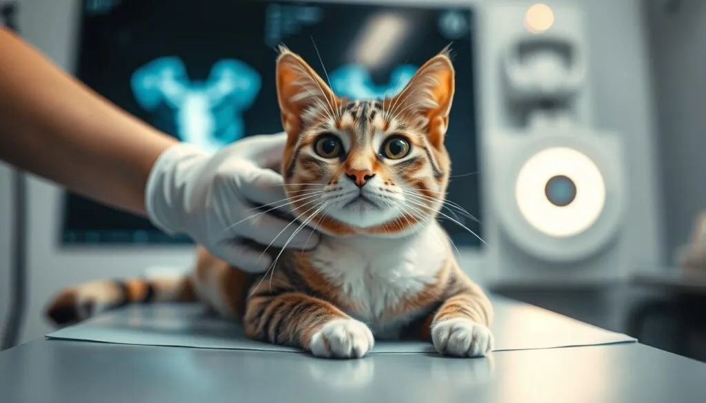 A close-up shot of a domestic cat undergoing a radiographic examination. The feline is lying calmly on an examination table, with a focused beam of X-rays scanning its torso. The scene is illuminated by a soft, diffused lighting that creates a serene, clinical atmosphere. The veterinarian's hands are gently holding the cat in place, their medical gloves and protective gear visible. The image is sharp, with a polarized lens capturing every intricate detail of the cat's fur, facial features, and the surrounding medical equipment. The overall mood is one of professionalism and care, reflecting the importance of diagnostic imaging in feline healthcare.