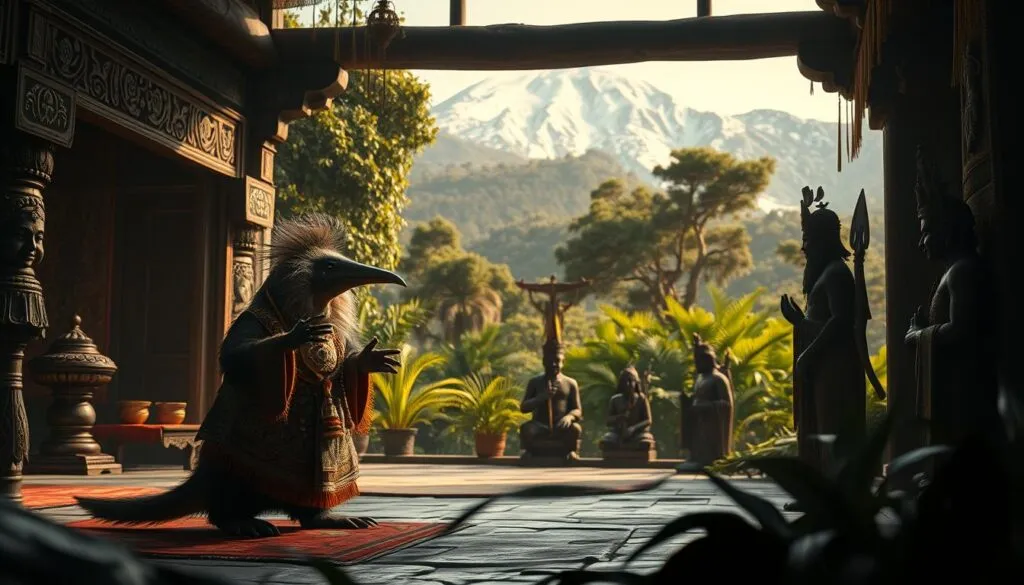 A detailed, hyperrealistic image of a platypus (Schnabeltier) engaged in various cultural and mythological activities. In the foreground, the platypus is depicted wearing ceremonial garb and performing a ritualistic dance amidst a dimly lit temple setting, with ornate carvings and tapestries lining the walls. In the middle ground, the platypus is shown interacting with humanoid figures, potentially representing mythological deities or shamans, against a backdrop of lush, verdant foliage. In the distant background, a majestic, snow-capped mountain range rises, creating a sense of grandeur and spiritual significance. The lighting is soft and moody, with warm hues and deep shadows, lending an air of mysticism to the scene. Captured with a Sony A7R IV, the image is sharply defined and features a polarizer filter for enhanced color saturation and contrast.