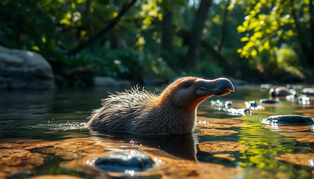 A detailed, life-sized portrait of a platypus (Schnabeltier) in its natural habitat, centered in the frame. The platypus is shown swimming gracefully in a shallow, rocky pond, its sleek, furry body and distinctive duck-like bill clearly visible. Sunlight filters through the water, casting shimmering reflections on the surface. The background features lush, verdant foliage of a riverine forest, creating a serene, tranquil atmosphere. The image is sharply focused, with a polarized lens capturing the platypus's rich, chocolatey-brown fur and the vibrant greens of the surrounding vegetation. The overall mood is one of quiet contemplation, highlighting the unique longevity and robust health of this remarkable semiaquatic mammal.