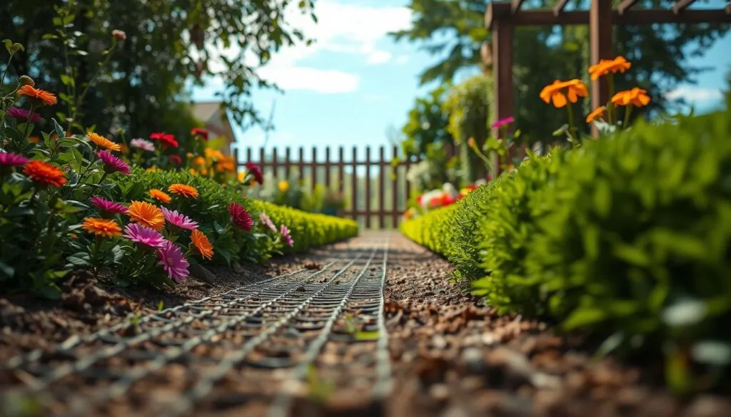 A detailed, well-tended garden with a variety of vibrant flowers and lush greenery. In the foreground, a sophisticated underground mole deterrent system made of sturdy wire mesh, seamlessly integrated into the soil. The middle ground shows carefully groomed garden paths, bordered by neatly trimmed hedges. In the background, a picturesque wooden fence frames the scene, with a glimpse of a serene blue sky beyond. The lighting is natural and warm, creating a sense of tranquility. Captured with a Sony A7R IV camera, the image is sharply focused and hyperrealistic, with a polarizer filter enhancing the colors and contrast.