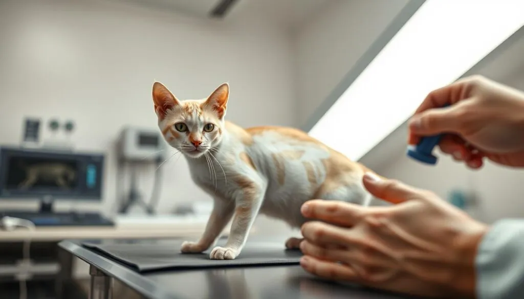 A detailed x-ray image of a domestic cat undergoing a medical examination, captured with a Sony A7R IV camera using a polarizer filter. The feline is positioned on an examination table, its body clearly in focus and sharply defined, with the veterinarian's hands and equipment visible in the foreground. The scene conveys a sense of care and professionalism, with a clean, well-lit medical environment in the background. The image exudes a hyperrealistic, documentary-style aesthetic, providing a visually informative representation of the medical procedure.