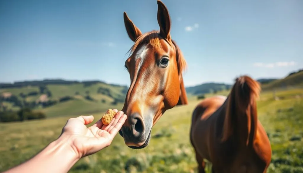 A focused and well-trained horse standing calmly in a sun-dappled meadow, its ears perked forward as it attentively waits for its handler to offer a treat from an outstretched palm. The horse's glossy chestnut coat and gentle eyes convey a sense of trust and cooperation, the result of patient training and positive reinforcement. In the background, a lush, verdant landscape with rolling hills and a clear blue sky creates a serene, idyllic setting, inviting the viewer to imagine the horse's peaceful enjoyment of its well-earned reward. A focused and well-trained horse standing calmly in a sun-dappled meadow, its ears perked forward as it attentively waits for its handler to offer a treat from an outstretched palm. The horse's glossy chestnut coat and gentle eyes convey a sense of trust and cooperation, the result of patient training and positive reinforcement. In the background, a lush, verdant landscape with rolling hills and a clear blue sky creates a serene, idyllic setting, inviting the viewer to imagine the horse's peaceful enjoyment of its well-earned reward.