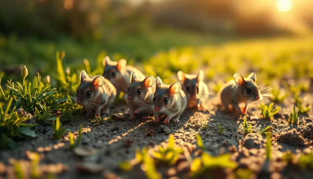A group of adorable mice scurrying across a lush, verdant field, their tiny paws leaving delicate imprints in the soft soil. The sun's golden rays illuminate their fur, casting a warm, inviting glow as they explore their surroundings. Each mouse has a unique, whimsical name etched onto a small collar around its neck, adding a charming, personalized touch to the scene. The camera, a Sony A7R IV, captures the moment in stunning detail, the polarizer filter enhancing the vibrant colors and sharp definition. This hyperrealistic image, with its clear focus and crisp edges, perfectly encapsulates the beauty and wonder of these delightful, diminutive creatures.