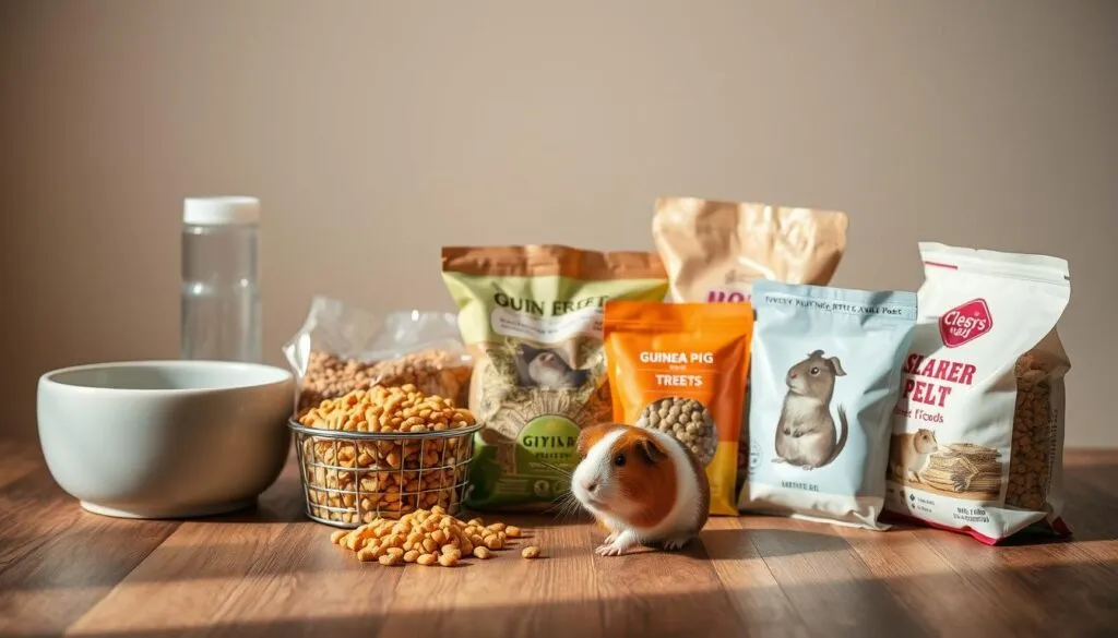 A high-quality, detailed photograph of an assortment of guinea pig food accessories, including a ceramic feeding bowl, a hay rack, a water bottle, and various bags of different types of guinea pig pellets, hay, and treats, all neatly arranged on a wooden surface with a plain background. The lighting is soft and diffused, creating warm, natural shadows and highlights that emphasize the textures and colors of the objects. The image is sharp, with a clear focus and a polarized, hyperrealistic appearance, showcasing the essential items required for a guinea pig's proper nutrition and care.