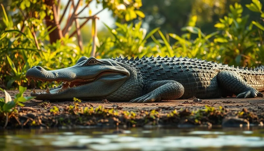 A large adult Nile crocodile (Crocodylus niloticus) resting peacefully on the riverbank, surrounded by lush, verdant vegetation. The crocodile is exhibiting its typical social behavior, with a calm, stoic expression and its powerful jaws slightly open. The image is captured from a low angle, emphasizing the crocodile's size and dominance. Warm, golden sunlight filters through the canopy, casting soft shadows and highlighting the crocodile's intricate scale pattern. The scene conveys a sense of tranquility and the crocodile's role as the apex predator in its ecosystem.