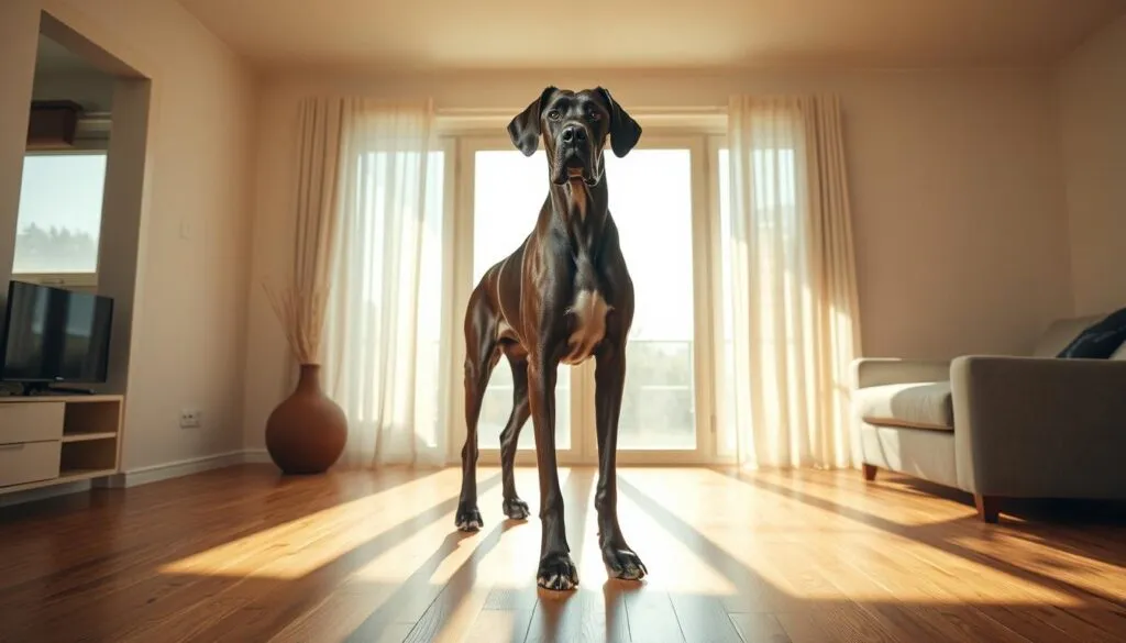 A large, towering Great Dane stands proudly in a sunlit living room, its muscular frame casting a long shadow across the hardwood floor. The dog's intelligent eyes convey a sense of gentle power, hinting at the challenges of managing its sheer size and strength. The room's minimalist decor provides a clean, uncluttered backdrop, allowing the dog's impressive presence to take center stage. Delicate dust motes drift in the warm, golden light, adding a serene atmosphere to the scene. Captured with a Sony A7R IV, this hyperrealistic image showcases the majesty and potential difficulties of owning a giant dog breed, reflecting the section title 