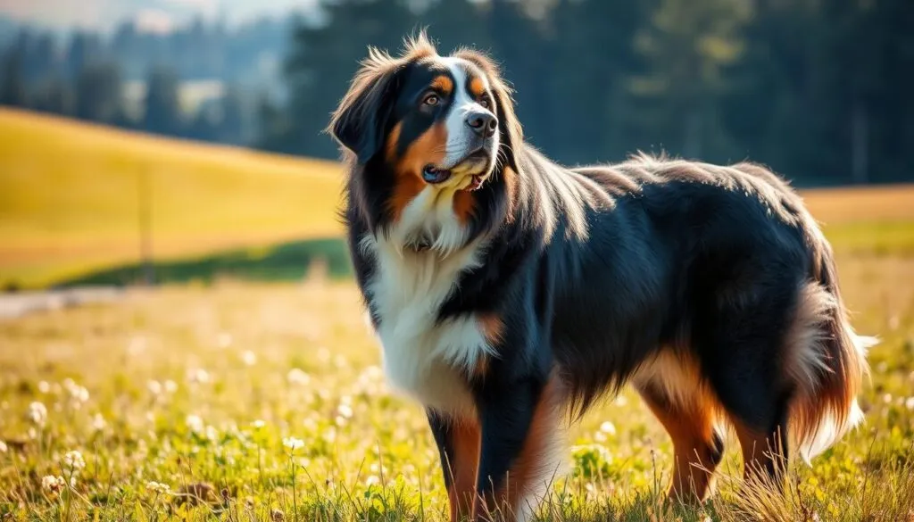 A large, well-trained Bernese mountain dog stands in a sunlit meadow, focused intently on its owner who stands nearby. The dog's muscular build and alert posture suggest a strong, obedient companion, trained with patience and care. In the background, rolling hills and a distant forest create a serene, natural setting. The lighting is soft and warm, emphasizing the dog's thick, glossy coat. The overall scene conveys the importance of proper training and socialization for these impressive, gentle giants.