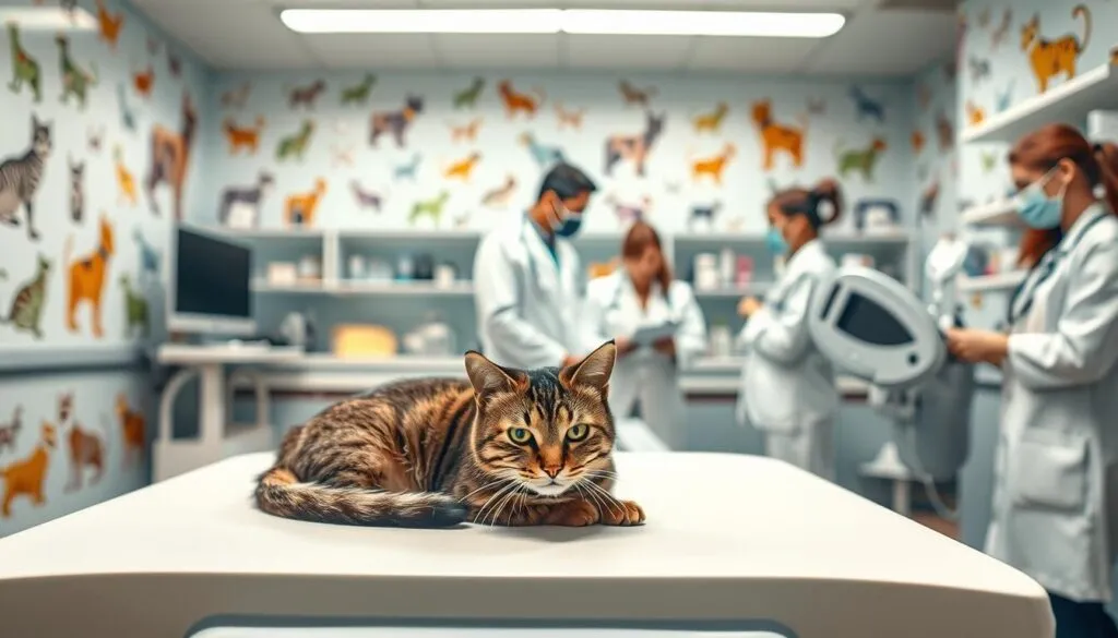 A modern veterinary clinic, its walls adorned with vibrant illustrations of cats. In the foreground, a sleek exam table where a tabby feline rests, its coat neatly groomed. Behind, a team of veterinarians in crisp white coats examines the patient, employing the latest diagnostic tools. The lighting is warm and inviting, casting a soft glow over the scene. In the background, shelves brimming with state-of-the-art treatments and medications, ready to address any feline ailment. A sense of professionalism and care permeates the environment, promising the best possible outcomes for the beloved pets. A modern veterinary clinic, its walls adorned with vibrant illustrations of cats. In the foreground, a sleek exam table where a tabby feline rests, its coat neatly groomed. Behind, a team of veterinarians in crisp white coats examines the patient, employing the latest diagnostic tools. The lighting is warm and inviting, casting a soft glow over the scene. In the background, shelves brimming with state-of-the-art treatments and medications, ready to address any feline ailment. A sense of professionalism and care permeates the environment, promising the best possible outcomes for the beloved pets.