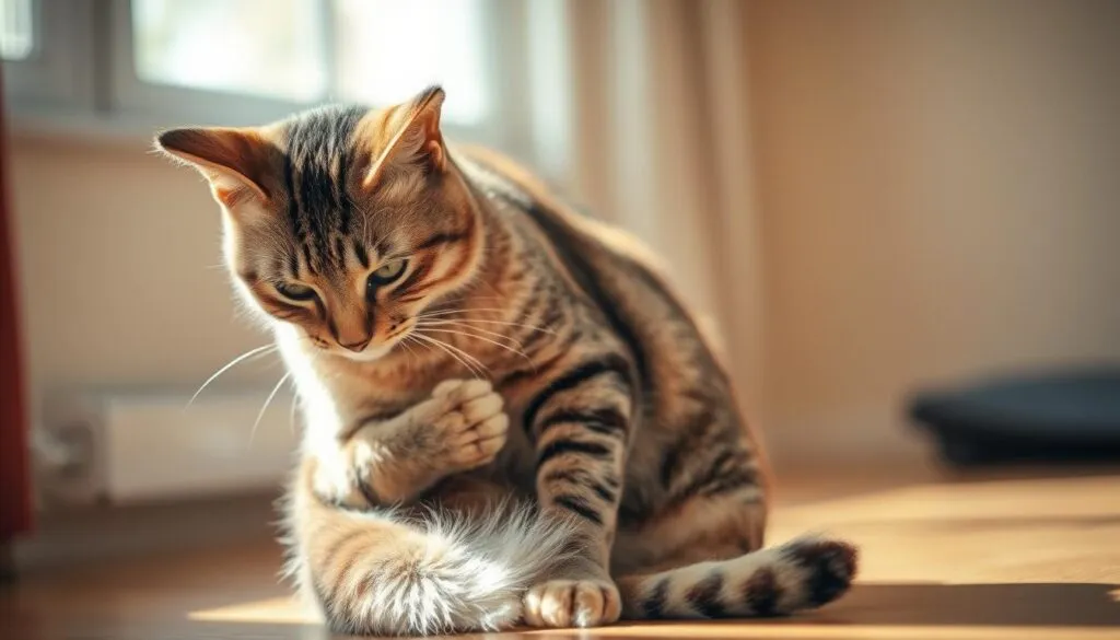 A sleek and elegant tabby cat sits in a sun-dappled room, intently grooming its soft, lustrous fur. The feline's paws delicately lick and caress its coat, revealing small, patchy areas where the fur is missing. The cat's expression is one of concentration, its eyes narrowed in focus as it meticulously grooms the affected spots. The lighting is warm and natural, casting a gentle glow on the cat's form. The background is blurred, allowing the viewer to focus solely on the cat's self-grooming behavior, a clear symptom of a potential underlying condition. Captured with a high-resolution camera and a polarizer filter, this hyperrealistic image showcases the cat's grooming habits in vivid detail.
