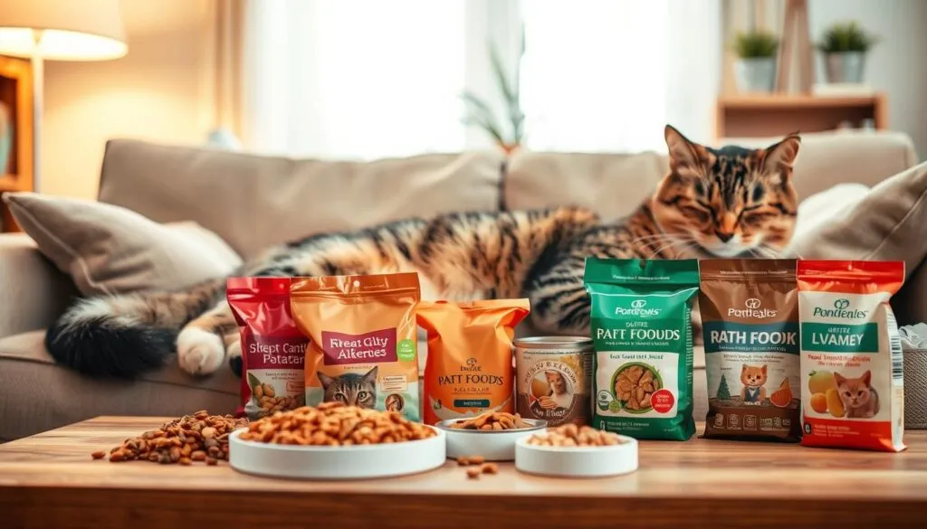 A tabby cat resting peacefully on a soft, beige couch, its fur glistening in the warm, diffused lighting. In the foreground, an assortment of different cat foods, including kibble, wet food, and natural treats, are displayed on a wooden table, showcasing the variety of options available for cats with dietary sensitivities or allergies. The background features a cozy, inviting living room, with a bookshelf and a few potted plants adding to the serene atmosphere. The image conveys a sense of understanding and care for the specific needs of cats with allergies or intolerances, while highlighting the importance of a balanced and tailored diet for their overall well-being.