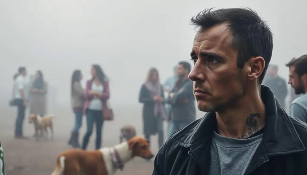 A thought-provoking scene depicting the public's perception of dog breeding practices. In the foreground, a somber individual contemplates the consequences of selective breeding, their expression conveying a sense of unease. In the middle ground, a group of individuals engage in discussion, their body language suggesting a mix of concern and uncertainty. The background is shrouded in a hazy, muted tone, evoking a sense of disconnect between the public and the realities of dog breeding. The overall scene is captured with a sharp, high-resolution lens, rendering the details with striking clarity and realism, while a polarizing filter adds depth and dimension to the image.