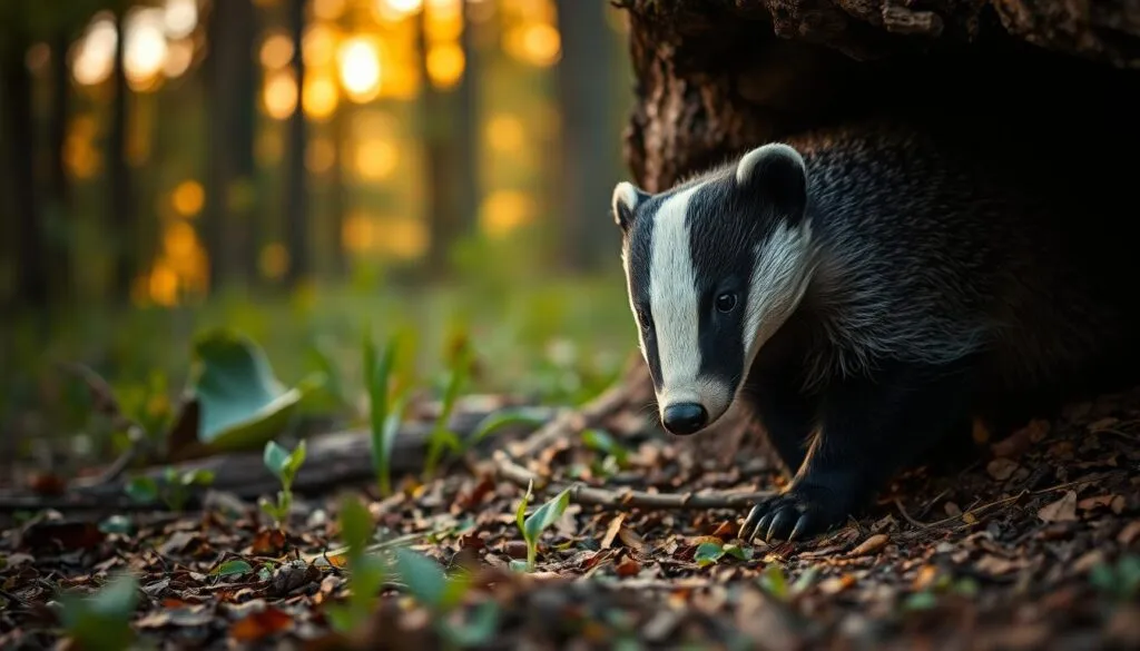 A tranquil forest scene at dusk, a curious European badger (Meles meles) emerges from its den, sniffing the air intently. Warm lighting filters through the canopy, casting a golden glow across the undergrowth. The badger's distinctive black and white striped face, compact muscular body, and powerful claws are rendered in exquisite detail. The camera, positioned low to the ground, captures the animal's cautious movements as it navigates the forest floor, alert for any potential threats. The overall composition evokes a sense of peaceful observation, inviting the viewer to lose themselves in the quiet wonder of this elusive nocturnal creature.