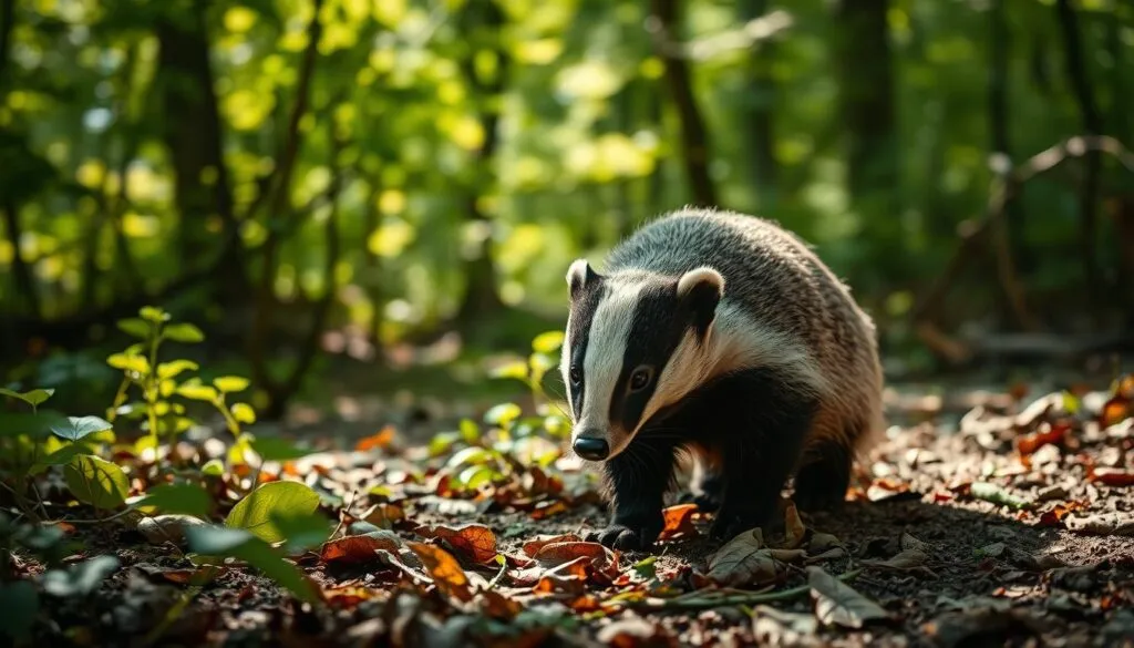 A tranquil scene of a European badger (Meles meles) foraging in its natural woodland habitat. The badger, with its distinctive black-and-white striped face, is captured in sharp detail as it sniffs the forest floor, its stocky body and short legs perfectly adapted to its subterranean lifestyle. Dappled sunlight filters through the lush, verdant foliage, casting a warm glow on the undergrowth and fallen leaves. The image conveys a sense of harmony and balance, with the badger seamlessly integrated into its ecosystem. Captured with a Sony A7R IV and a polarizer filter, this hyperrealistic photograph showcases the badger's role as a vital component of the temperate forest community.